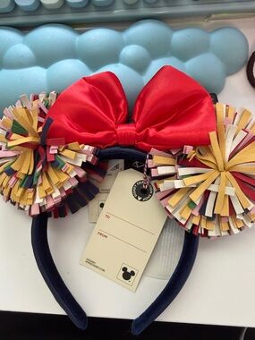 Disney Mouse Ears with Red Satin Bow and Multicolor Pom Ears